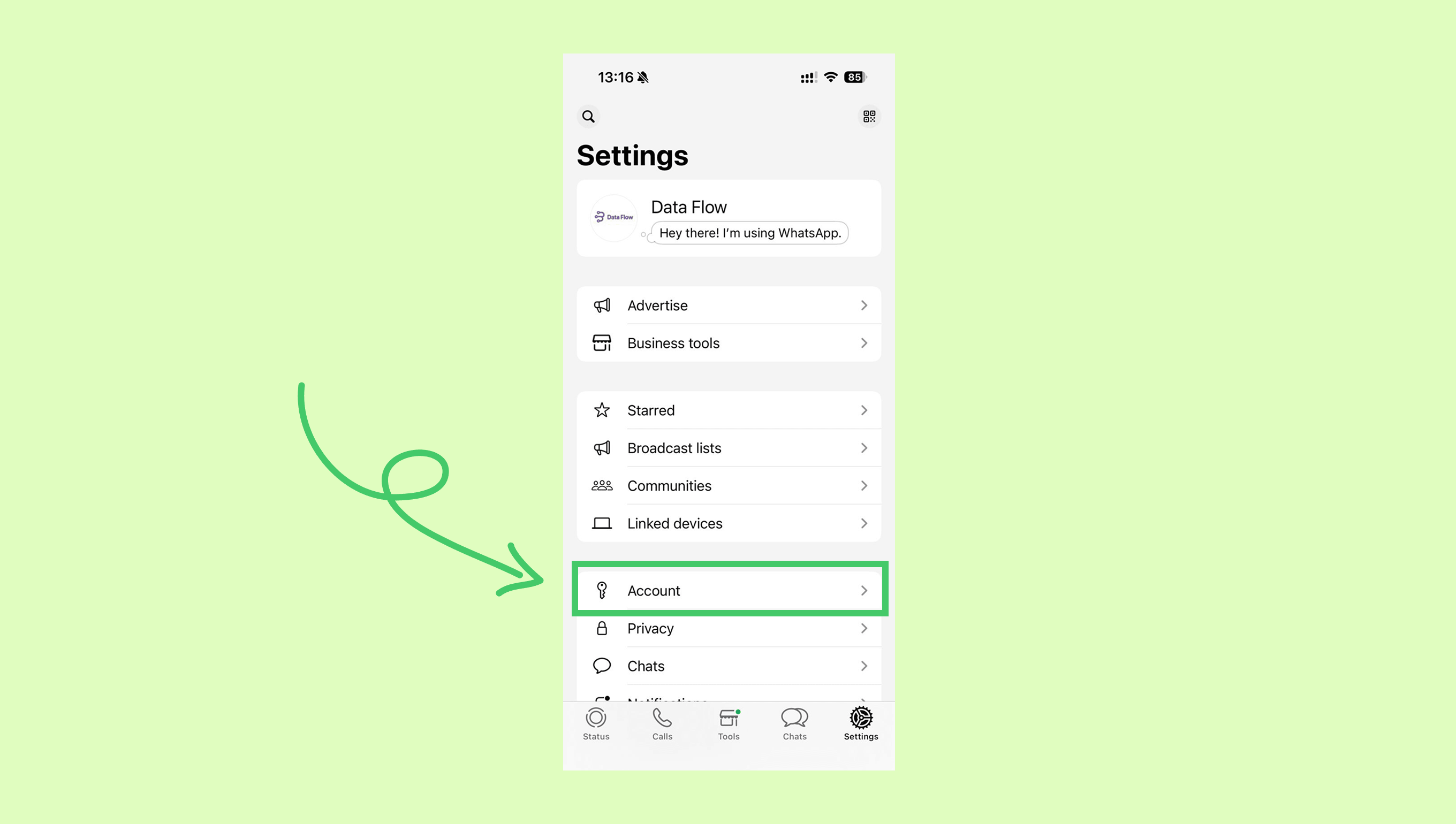 Settings menu highlighting the Account option in a mobile application interface.